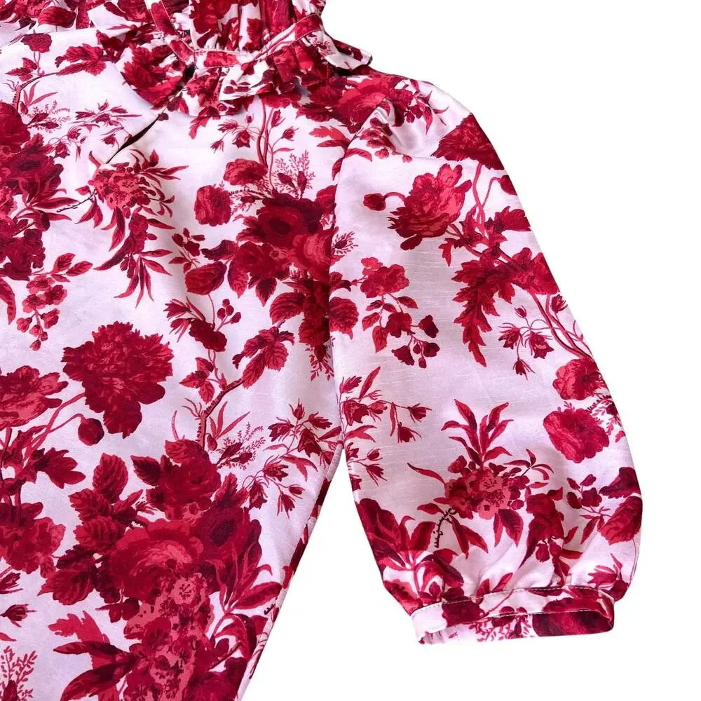 Tuckernuck Zinnia‎ Bloom Bouvier Blouse | Size XXS | Red Floral Ruffle Neck